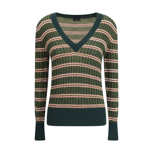 Etro Green Wool Sweatshirt with multicolored jacquard pattern, V-neckline, and ribbed trim, featuring a slim fit design.