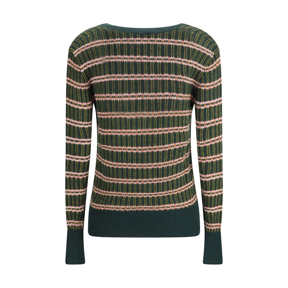 Etro Green Wool Sweatshirt with multicolored stripes, jacquard pattern, V-neckline, slim fit, ribbed cuffs and hem, AW25 collection