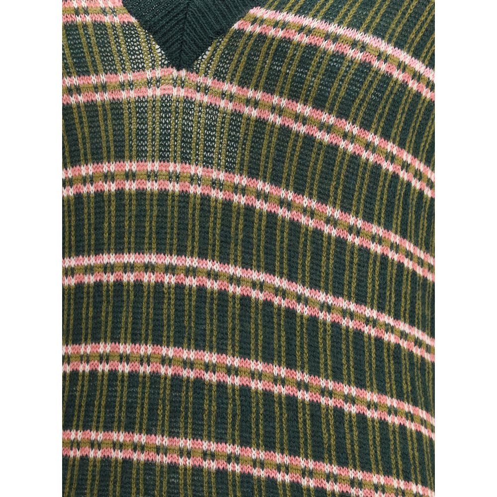 Close-up of Etro Green Wool Sweatshirt with pink and green stripes and a V-neckline, showcasing the textured multicolored jacquard pattern.