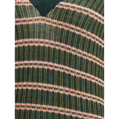 Close-up of Etro Green Wool Sweatshirt with pink and green stripes and a V-neckline, showcasing the textured multicolored jacquard pattern.