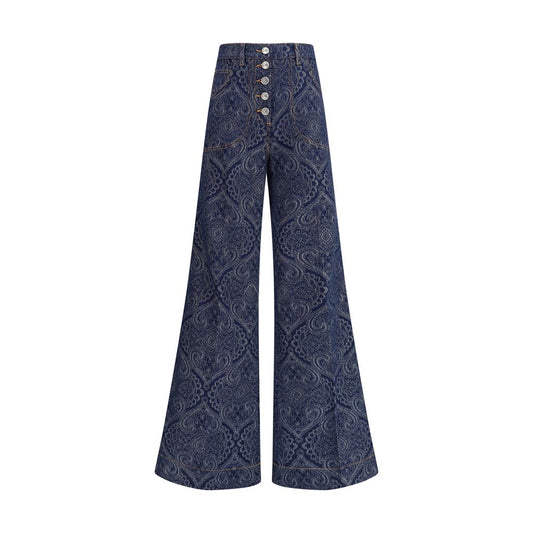 Etro Blue Cotton Flared Jeans with jacquard pattern and Pegaso button, featuring ETRO logo leather salpa, AW25 Collection.