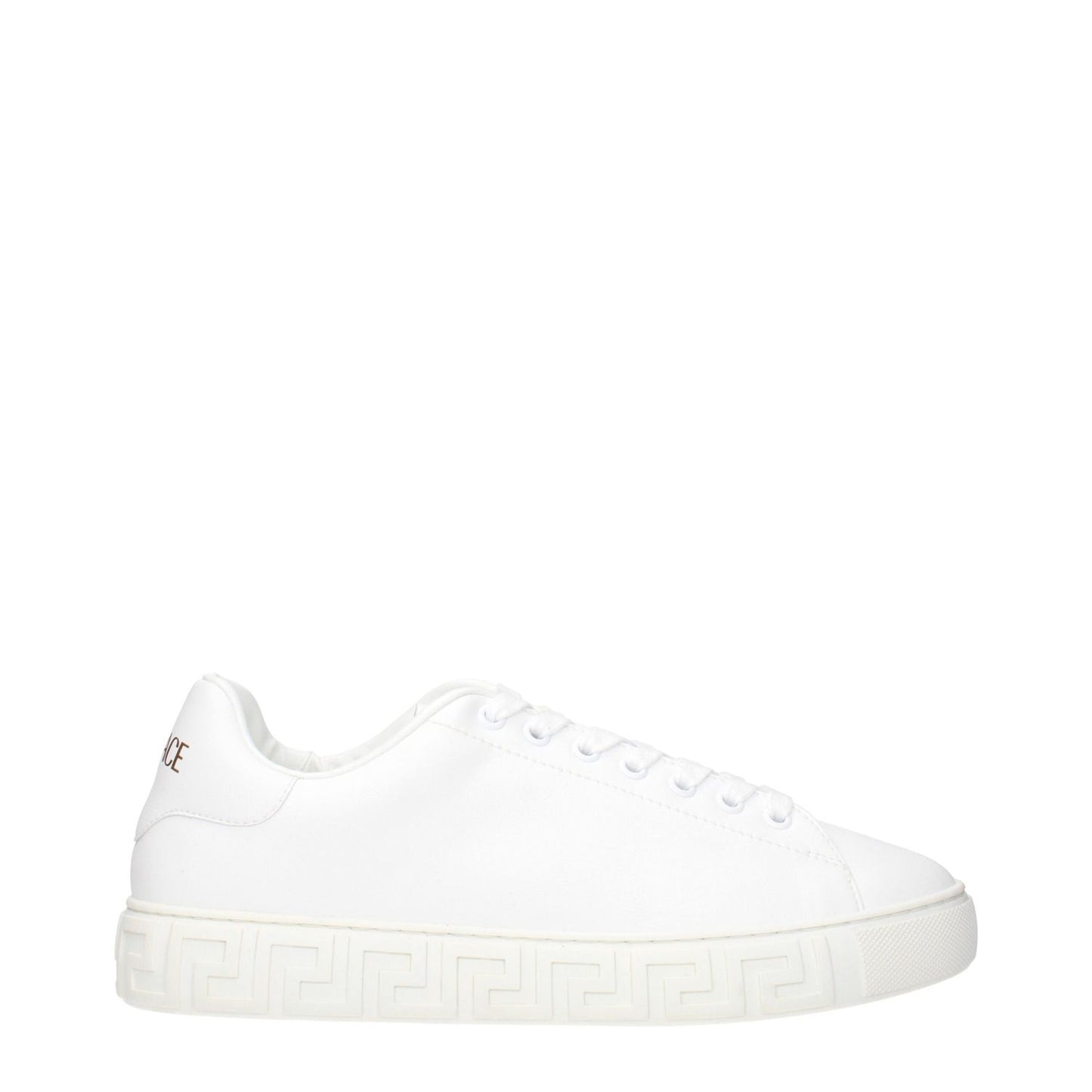 Versace White Leather Low Top Sneakers with front and back logo detailing on the sole.