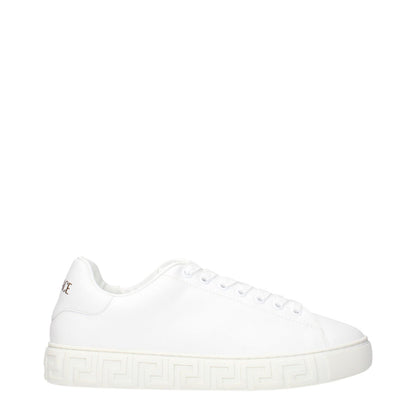 Versace White Leather Low Top Sneakers with front and back logo detailing on the sole.