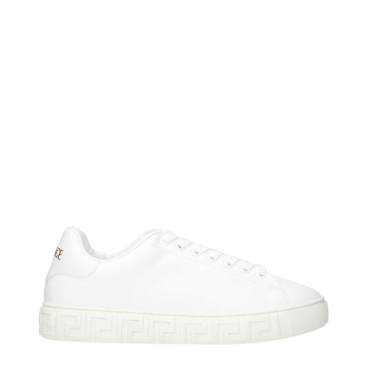 Versace White Leather Low Top Sneakers with front and back logo detailing on the sole.