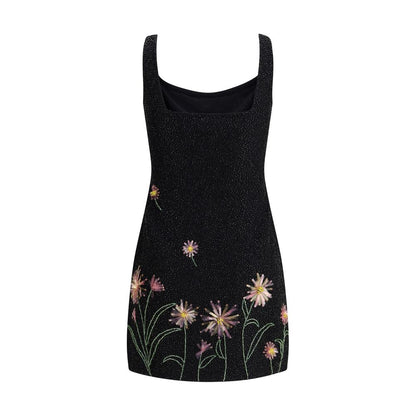 Staud Black Nylon Cocktail Dress with floral sequins and hand-applied beading, perfect for evening occasions, made from 80% nylon, 20% elastane.