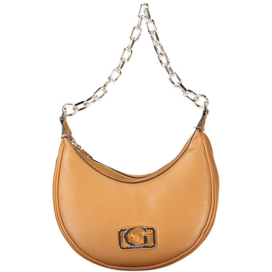 Guess Jeans Brown Polyethylene Handbag with chain handle and logo on front.