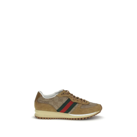 Gucci Beige Polyamide Athletic Sneakers with GG canvas, suede trim, and iconic green-red Web stripe, featuring rubber sole and GG details.