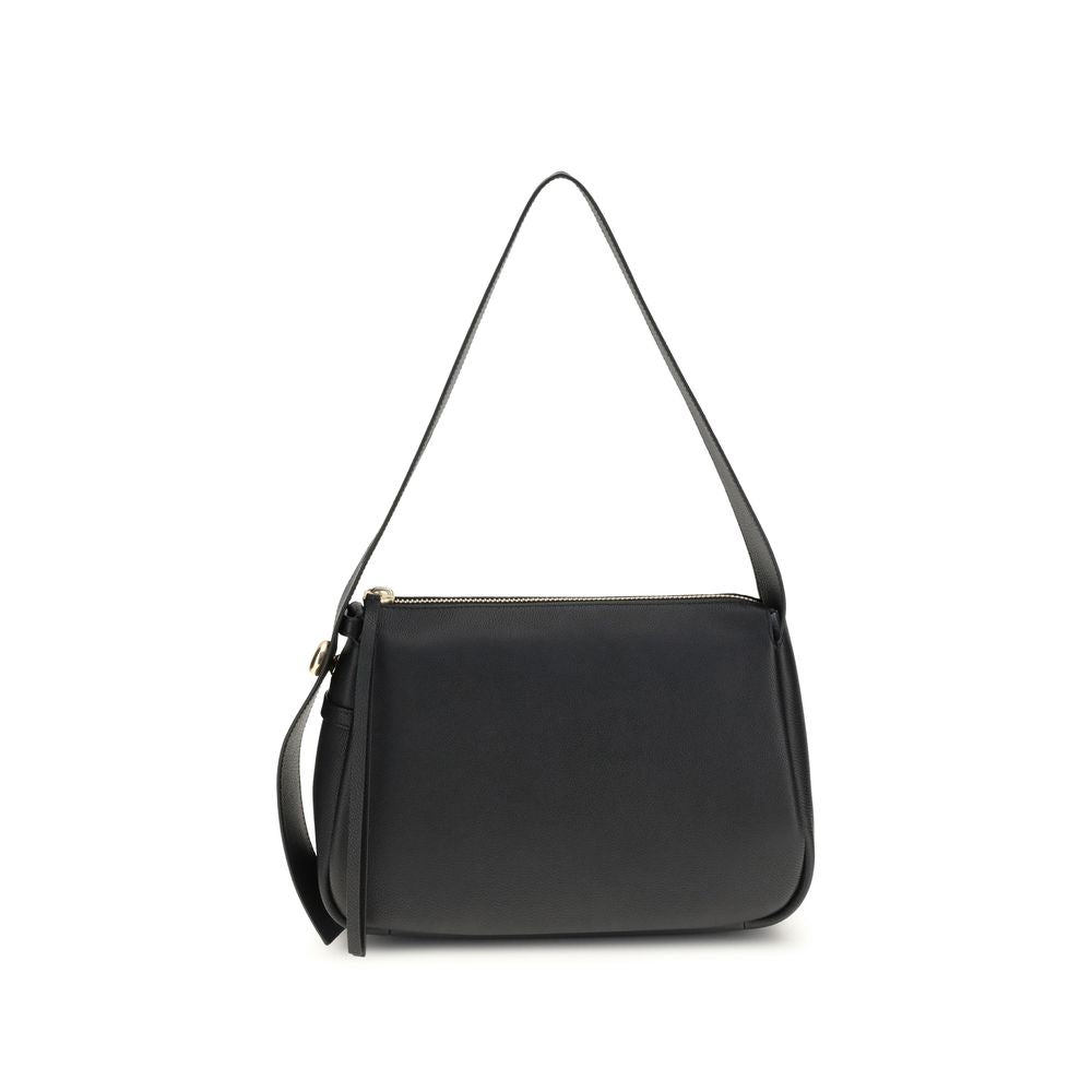 Tory Burch Black Calf Leather Bos Taurus Shoulder Bag with adjustable handle and gold-tone details for elegance and practicality.