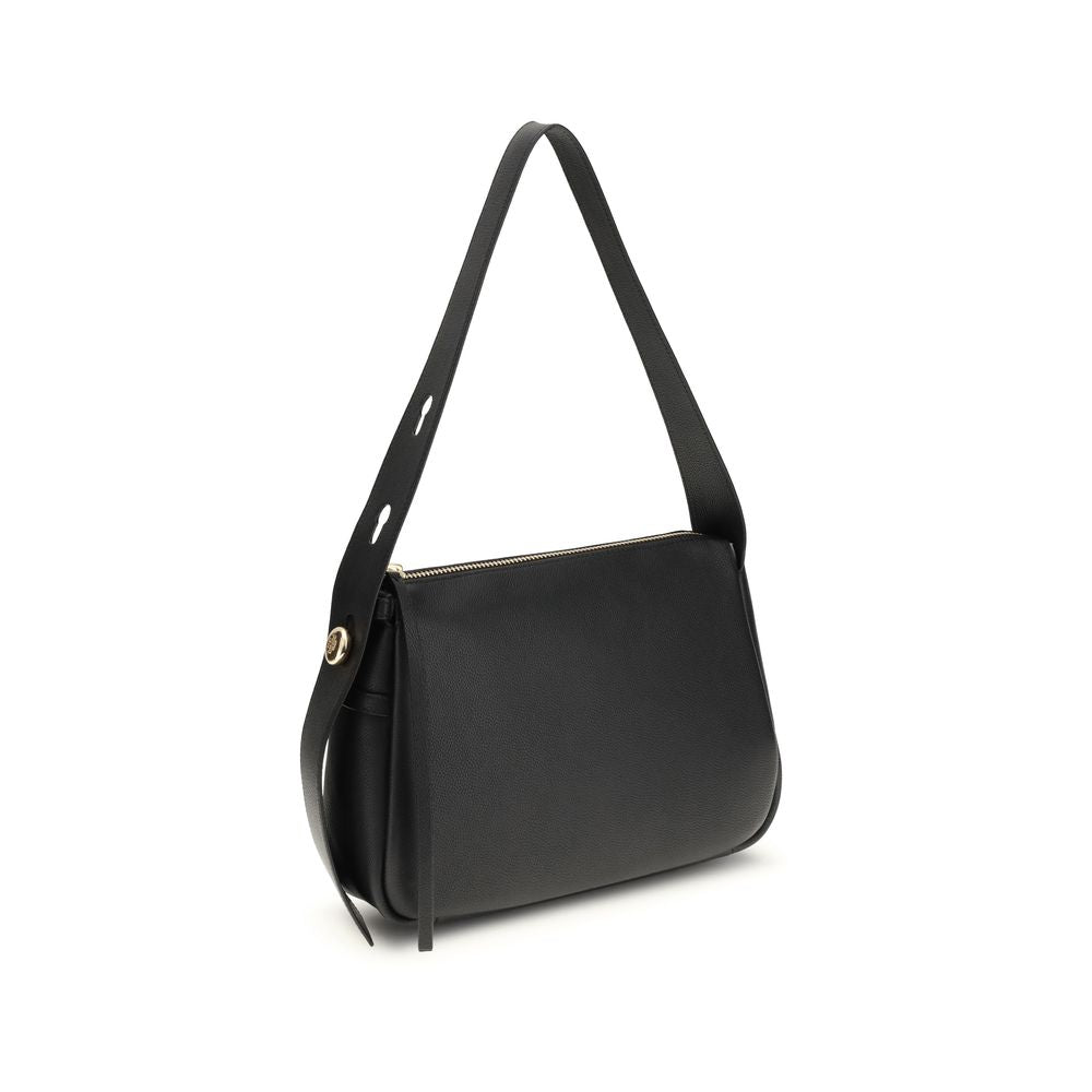 Tory Burch Black Calf Leather Bos Taurus Shoulder Bag with gold details and zip closure, elegant AW25 accessory.