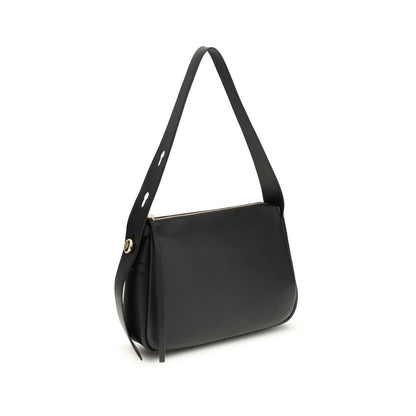 Tory Burch Black Calf Leather Bos Taurus Shoulder Bag with gold details and zip closure, elegant AW25 accessory.
