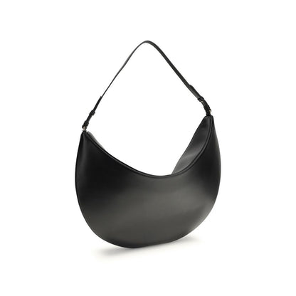 Jacquemus Black Calf Leather Bos Taurus Shoulder Bag, elegant hobo style with strap, engraved snap button, and embossed logo.