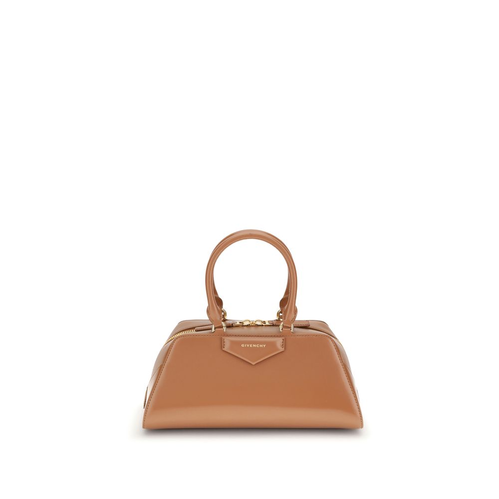 Givenchy Brown Calf Leather Bos Taurus Handbag with structured design and embossed logo, featuring articulated handles and D-rings.