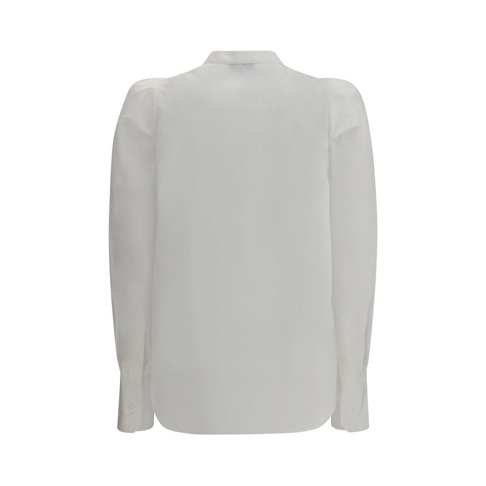 Back view of Alexander McQueen White Cotton Dress Shirt with mandarin collar and ruffled shoulders, showcasing elegant design.