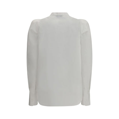 Back view of Alexander McQueen White Cotton Dress Shirt with mandarin collar and ruffled shoulders, showcasing elegant design.