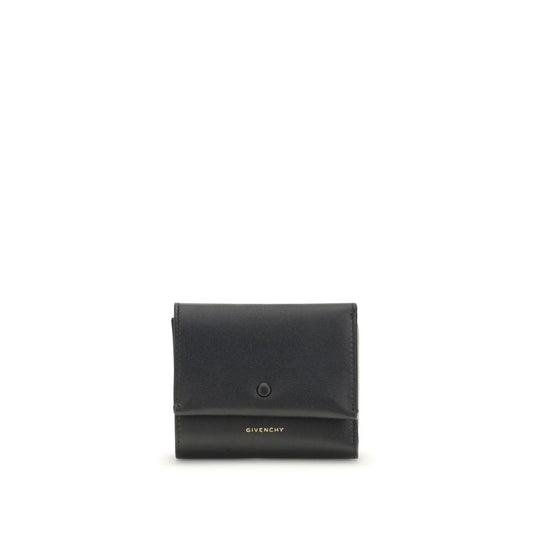 Givenchy Black Lamb Leather Wallet with snap closure and gold signature, featuring bill pocket, card slots, and coin pocket, 10x10x3 cm.