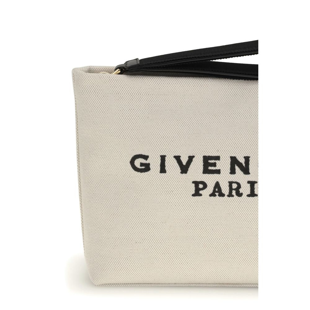 Close-up of Givenchy Beige Cotton Accessories showing logo on canvas pochette with zip closure.