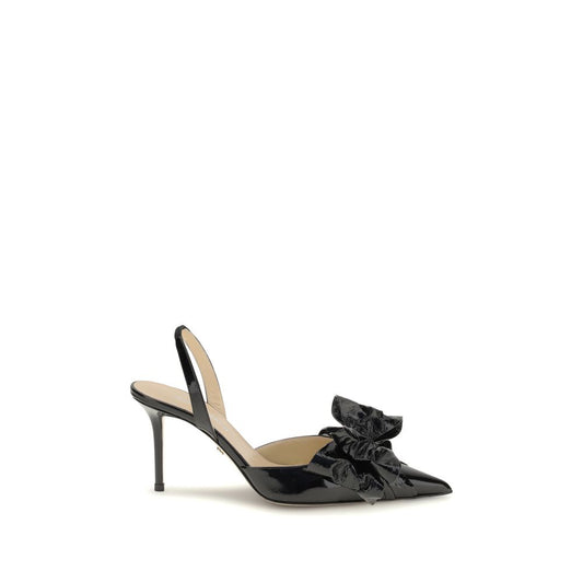 MACH & MACH Black Leather High Heel Pumps with pointed toe, bow, and ankle strap, elegant design for sophisticated looks.