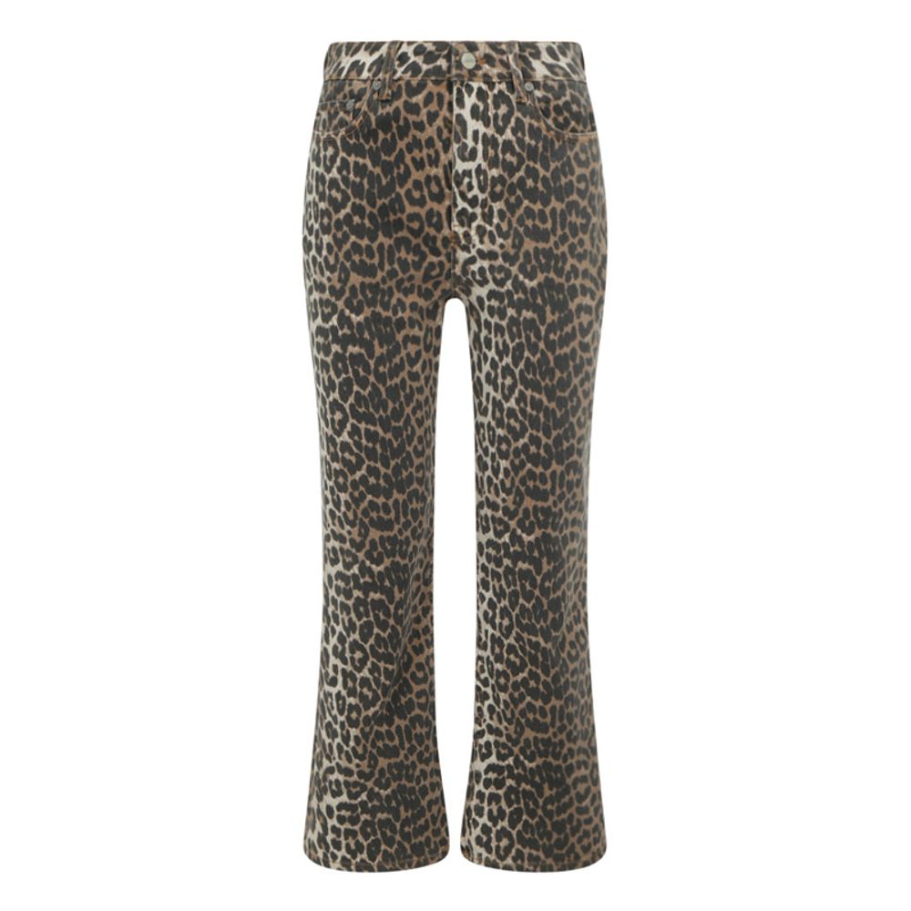 Ganni Multicolor Cotton Casual Pants with animal print, five-pocket flare style, and monogram patch.