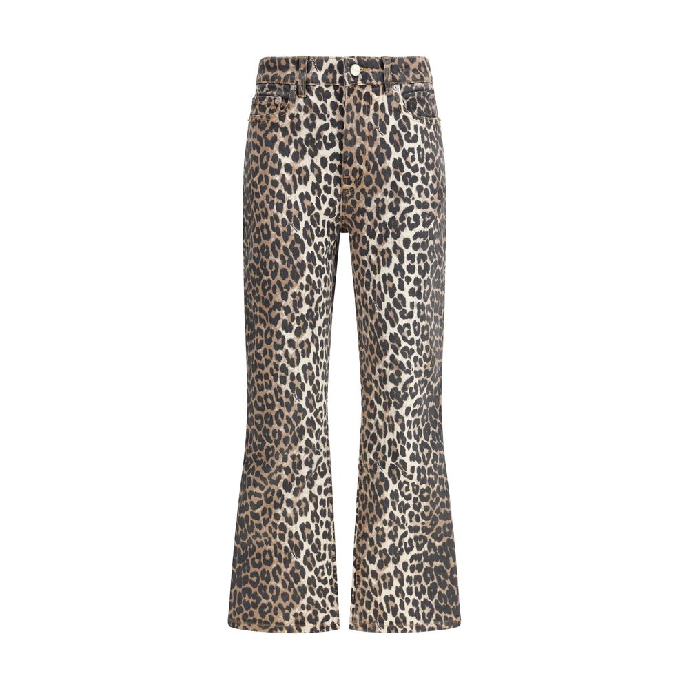 Ganni Multicolor Cotton Casual Pants with animal print, flare style, and logo button closure.