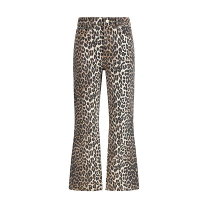 Ganni Multicolor Cotton Casual Pants with animal print, flare style, and logo button closure.