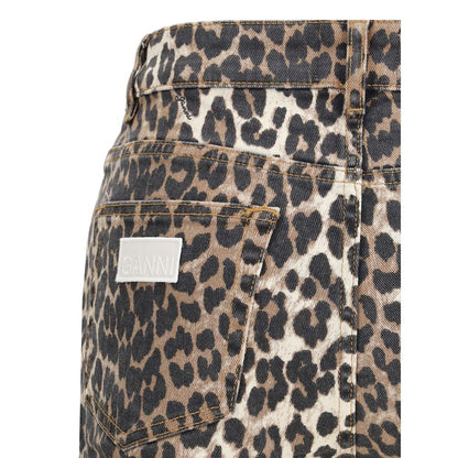 Close-up of Ganni Multicolor Cotton Casual Pants with animal print and embossed monogram patch on back pocket.