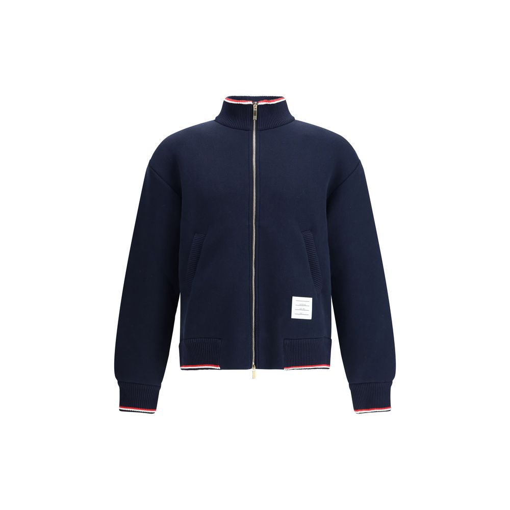 Thom Browne Blue Cotton Bomber with zip closure and tricolor details, oversized fit, AW25, featuring brand logo patch for a refined look.