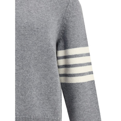 Thom Browne Gray Fleece Wool Sweatshirt with 4-Bar intarsia sleeve detail, featuring a sporty half-zip and oversized fit.
