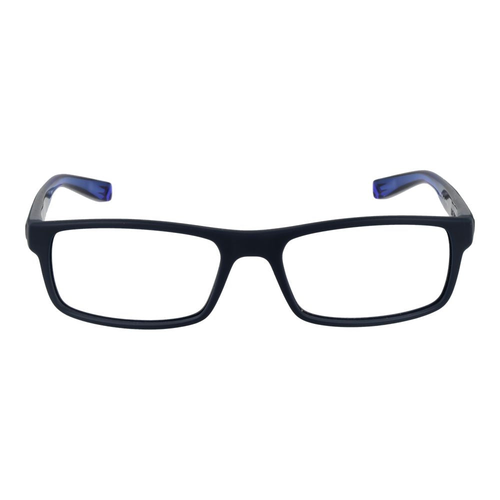 Nike Blue Men Glasses Frame, full-rim rectangle style with plastic material, lens size 53-17-140, includes branded case, no spring hinge.