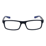 Nike Blue Men Glasses Frame, full-rim rectangle style with plastic material, lens size 53-17-140, includes branded case, no spring hinge.