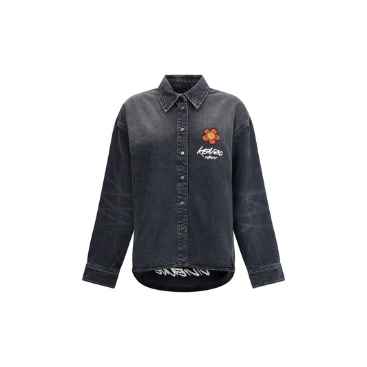 Kenzo Black Denim Shirt with Futura 2000 Boke Flower embroidery and logo label, oversized fit, autumn-winter fashion piece.