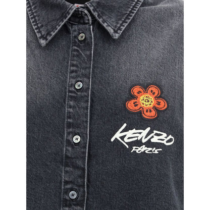 Kenzo Black Denim Shirt with Futura 2000 Boke Flower embroidery, featuring a classic collar and button closure. Oversize fit AW25.