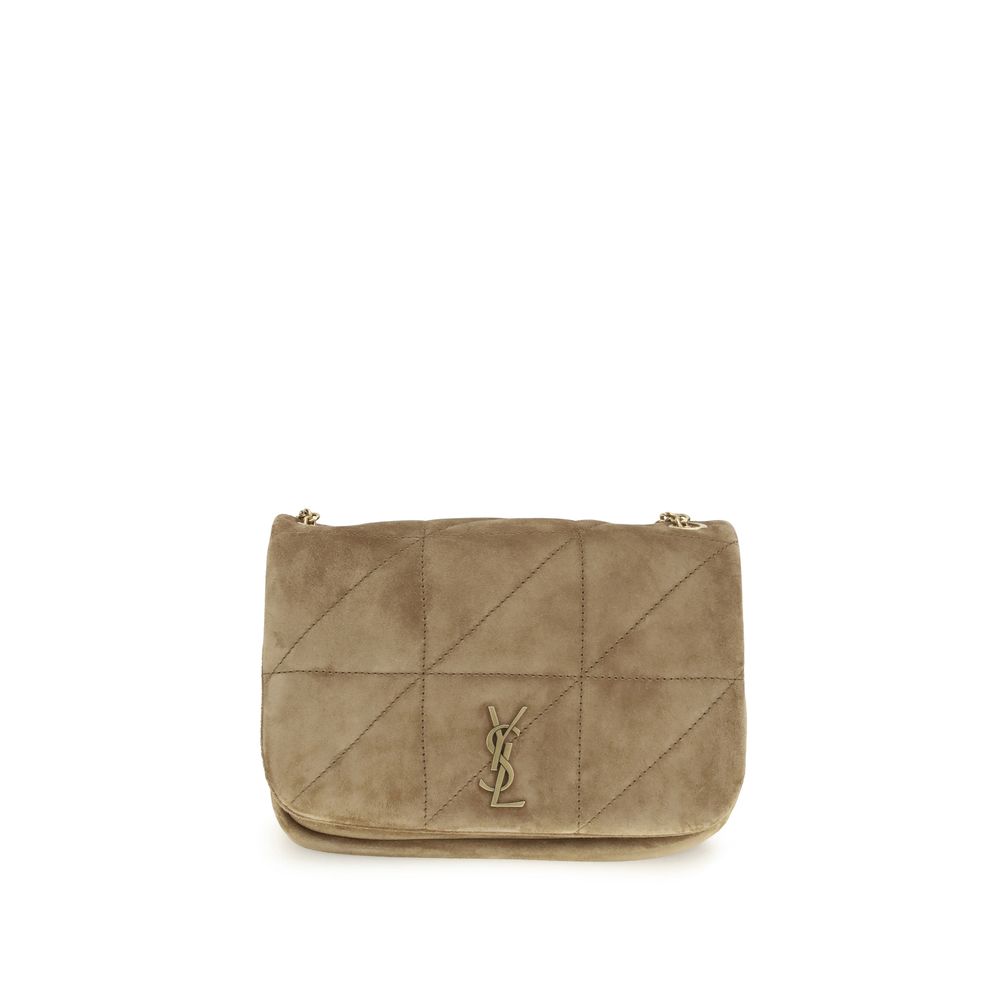 Saint Laurent Beige Calf Leather Bos Taurus Shoulder Bag with YSL detail and quilted design front view.