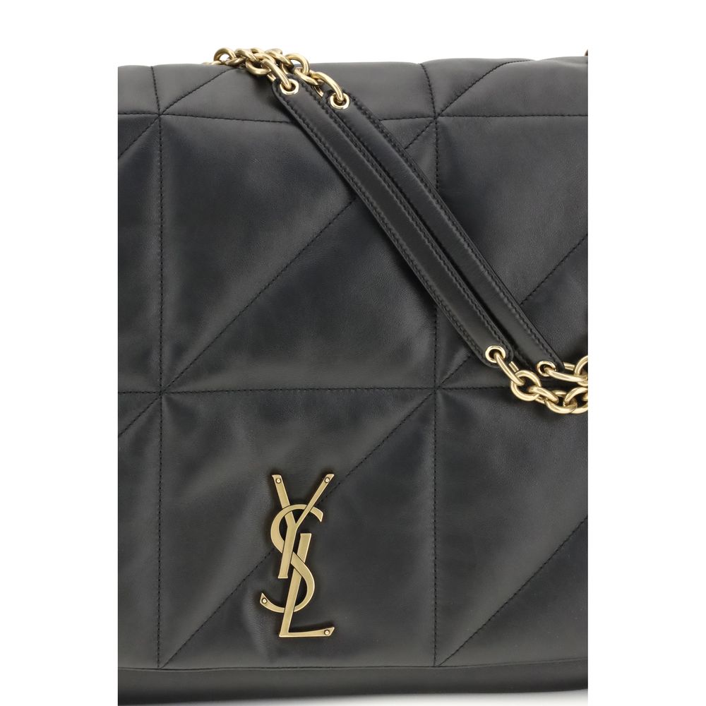Close-up of Saint Laurent Black Lamb Ovis Aries Aries Shoulder Bag with embossed YSL logo and gold chain strap.