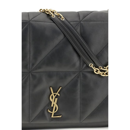 Close-up of Saint Laurent Black Lamb Ovis Aries Aries Shoulder Bag with embossed YSL logo and gold chain strap.