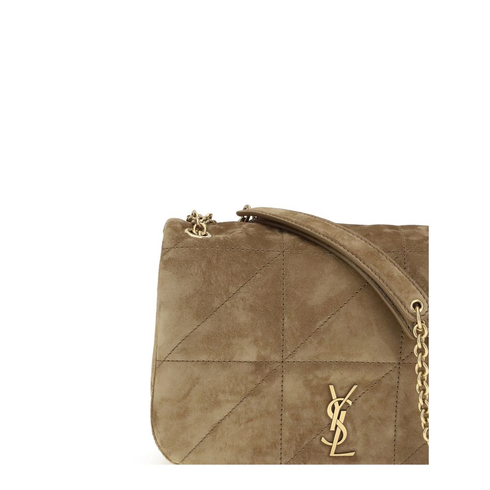 Alt Tag: Saint Laurent Beige Calf Leather Bos Taurus Shoulder Bag with YSL logo, suede finish, and chain strap