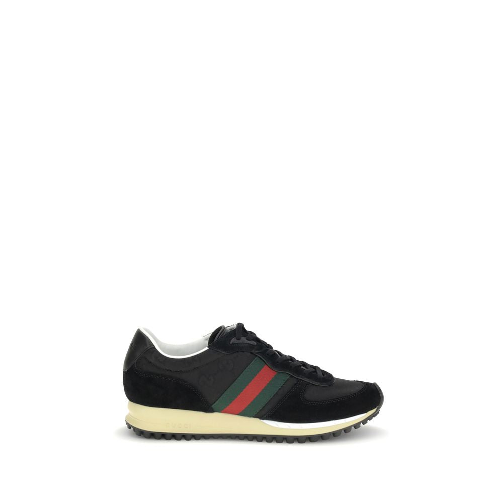 Gucci Black Polyamide Athletic Sneakers with GG canvas, suede trim, green and red Web stripe, Interlocking GG logo on rubber sole.