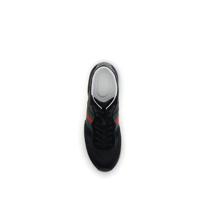 Top view of Gucci Black Polyamide Athletic Sneakers featuring green and red Web stripe, suede trim, and Interlocking GG logo.