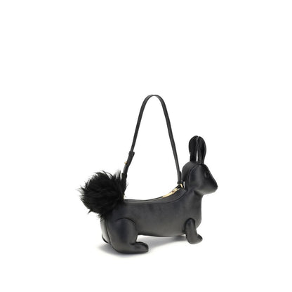 Thom Browne Black Calf Leather Bos Taurus Shoulder Bag with rabbit shape and fur tail, brass zipper, adjustable strap.