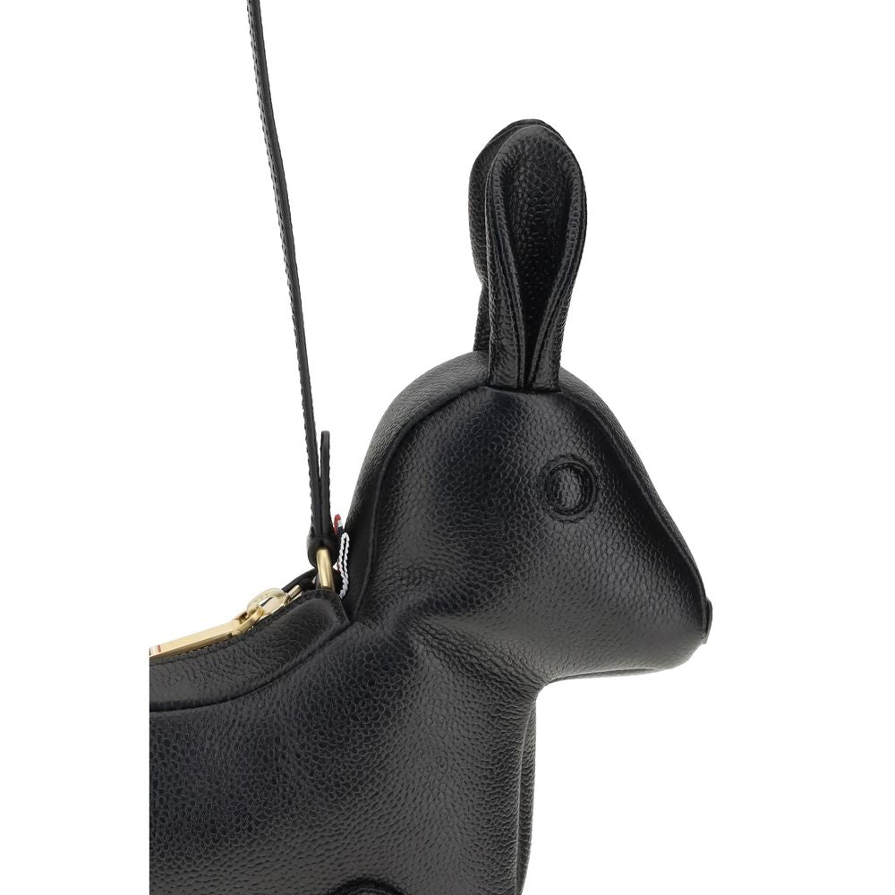 Thom Browne Black Calf Leather Bos Taurus Shoulder Bag with rabbit shape, brass zipper, and fur tail, AW25 collection.
