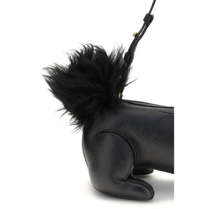 Thom Browne Black Calf Leather Bos Taurus Shoulder Bag with rabbit shape and fur tail, brass zipper, adjustable strap.