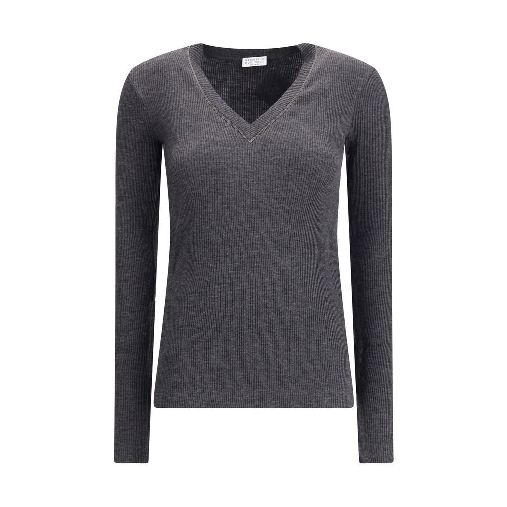 Brunello Cucinelli Gray Wool Long Sleeve T-Shirt with jewel neckline embellishment, ribbed texture for elegant and comfortable wear.
