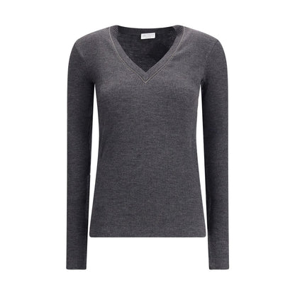 Brunello Cucinelli Gray Wool Long Sleeve T-Shirt with jewel neckline embellishment, ribbed texture for elegant and comfortable wear.