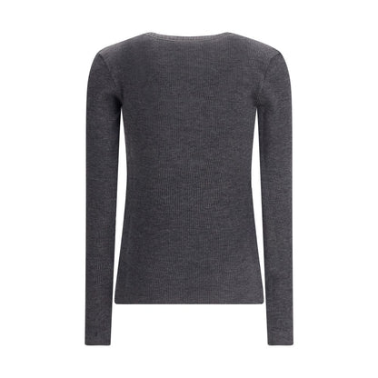 Brunello Cucinelli Gray Wool Long Sleeve T-Shirt with ribbed jersey and jewel V-neckline for elegant style