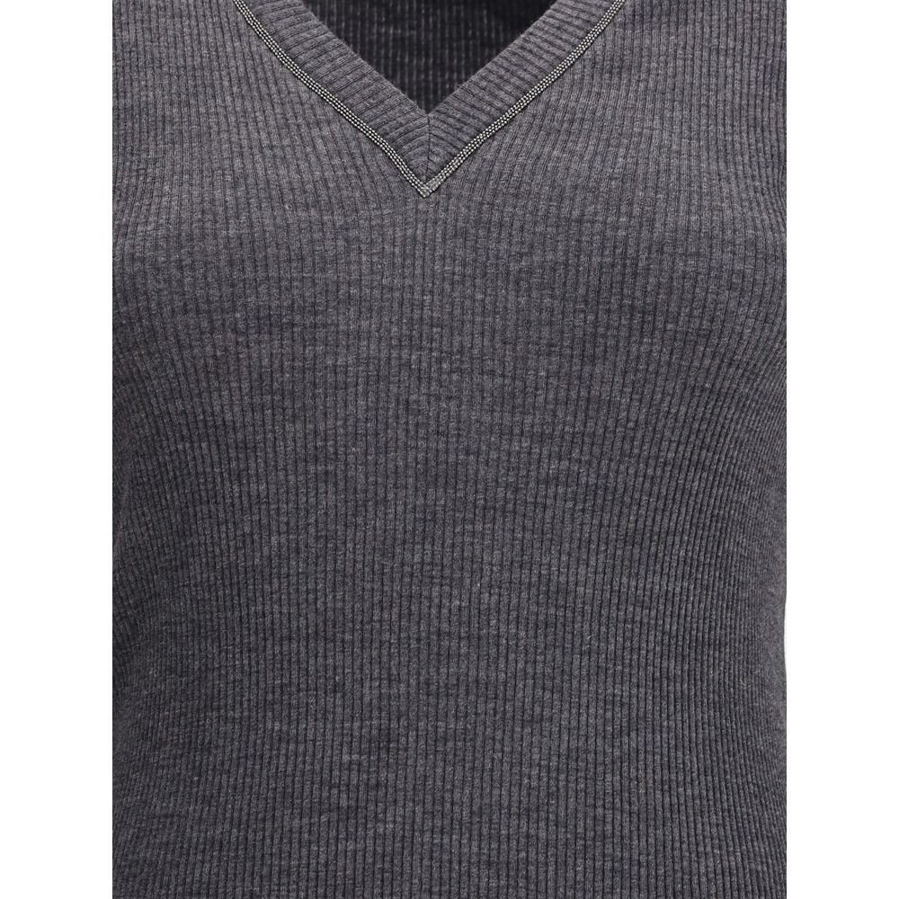 Brunello Cucinelli Gray Wool Long Sleeve T-Shirt with ribbed jersey and jewel V-neckline, offering elegance and comfort.