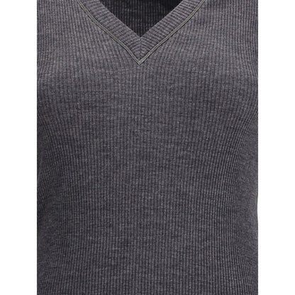 Brunello Cucinelli Gray Wool Long Sleeve T-Shirt with ribbed jersey and jewel V-neckline, offering elegance and comfort.