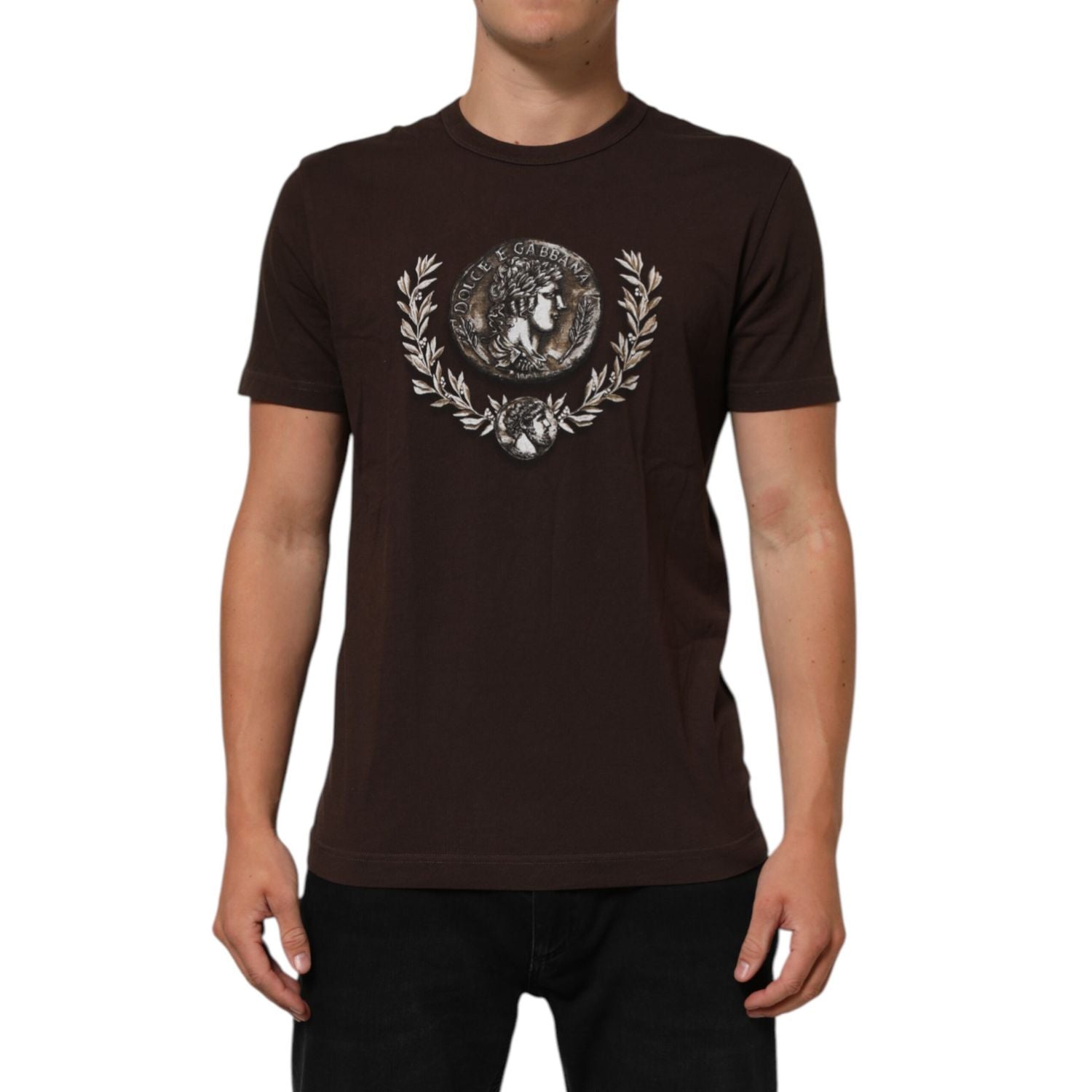 Dolce & Gabbana Brown Coin Laurel Print Men Crew Neck T-shirt