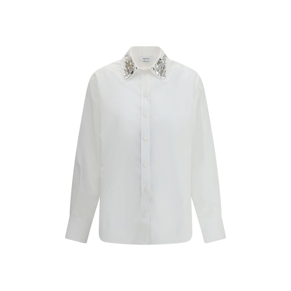 Alexander McQueen White Cotton Dress Shirt with embellished collar, regular fit, long sleeves, 100% cotton AW25.