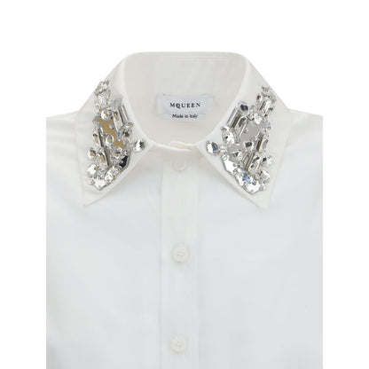 Alexander McQueen White Cotton Dress Shirt with embellished collar, long sleeves, ideal for formal and contemporary looks.