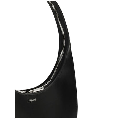 Coperni Black Leather Shoulder Bag with silver-tone zip detailing and embossed logo, features double gusset design with arched handle.