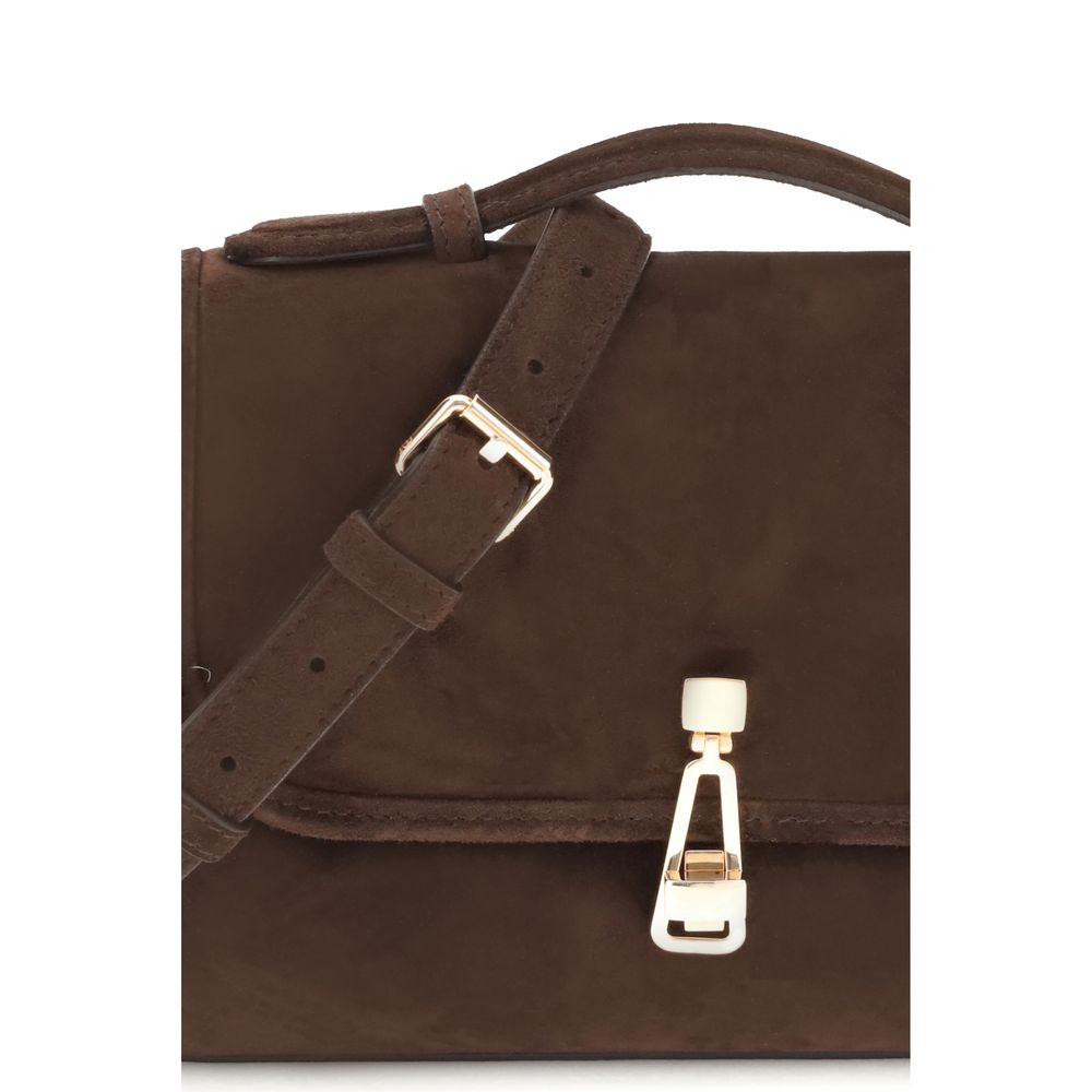 Gabriela Hearst Brown Leather Shoulder Bag with top handle and crossbody strap, featuring satchel-style flap.